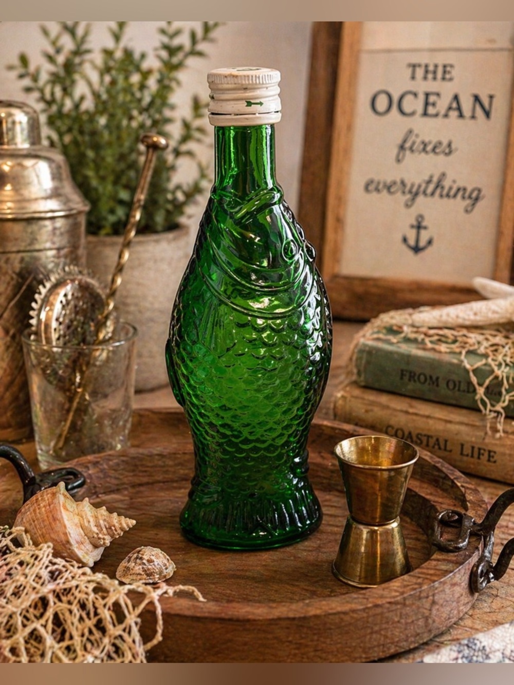 Vintage Green Glass Fish Bottle Figural Liquor Bottle Bar Decor